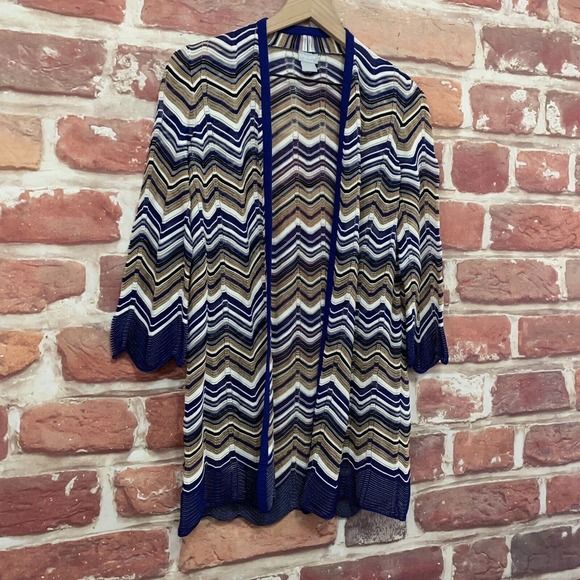 Chicos Travelers Cardigan Womens Small 0 Blue Gold Multicolor Chevron Sweater - Picture 2 of 10